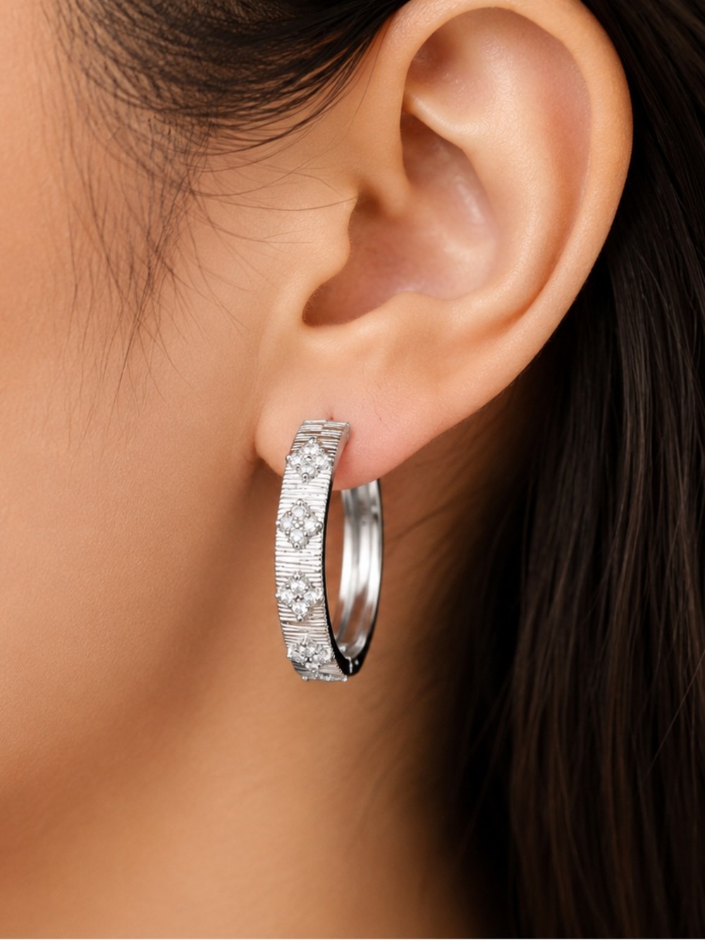 Elegant Silver Tone Crystal Hoop Earrings  Silver Tone Finish